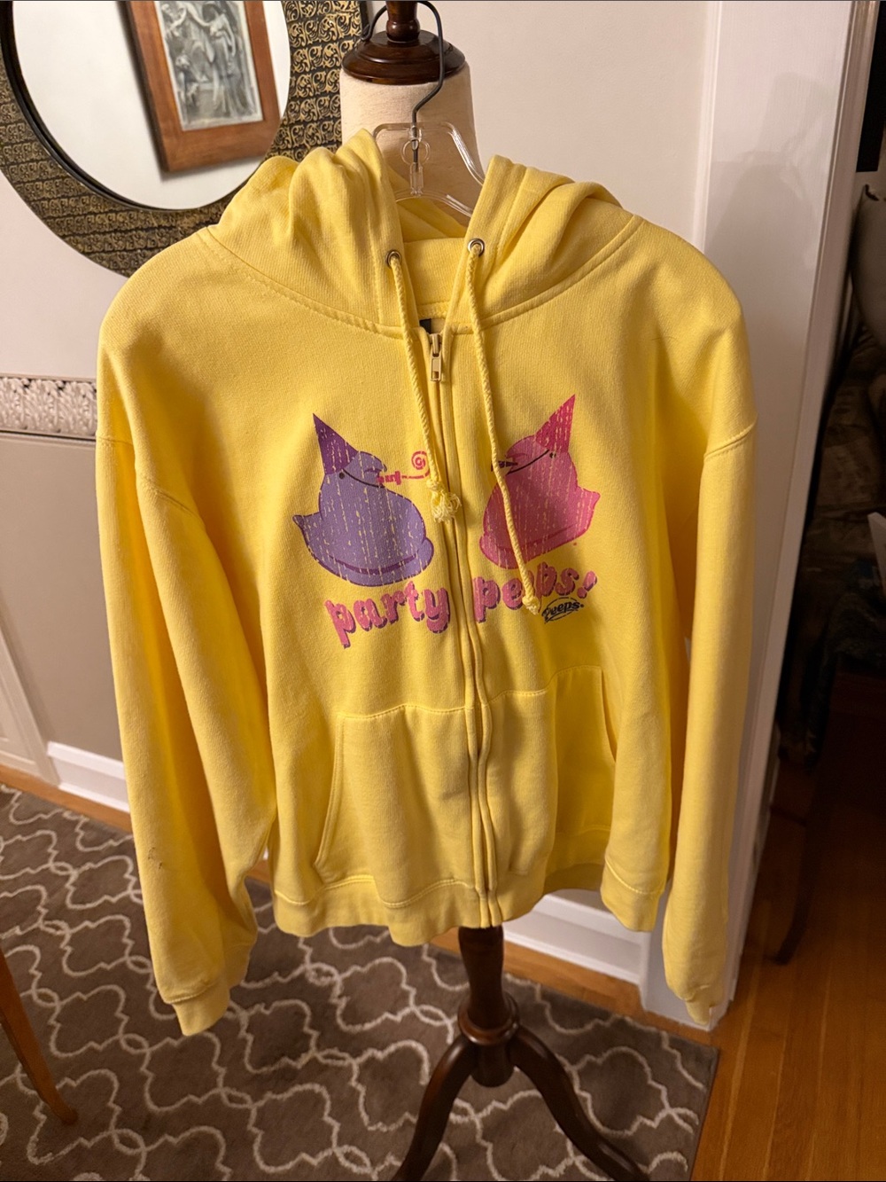 Yellow Zip Hoodie with Pink & Purple Party peeps not worn ever xl